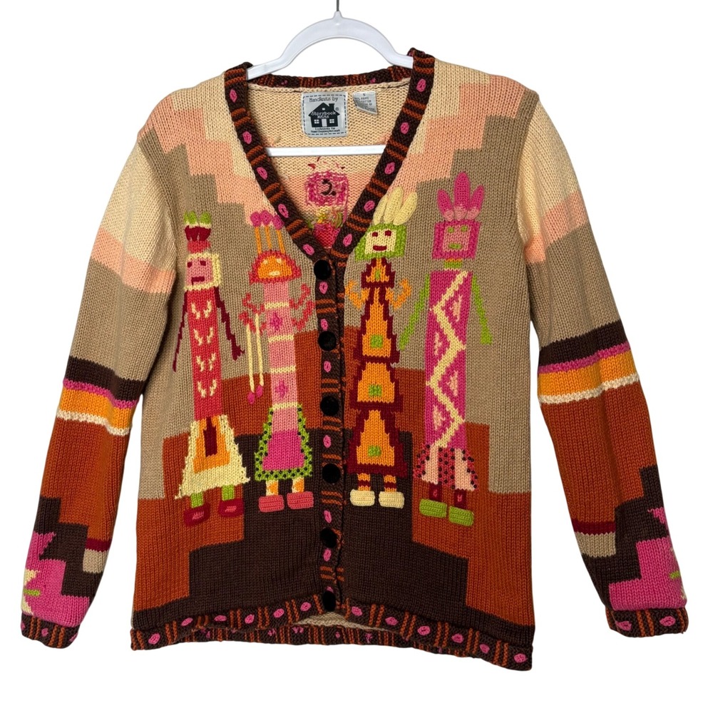 Vtg Storybook Knits Sweater S Southwestern Kachina Cardigan Boho Cowgirl Tan